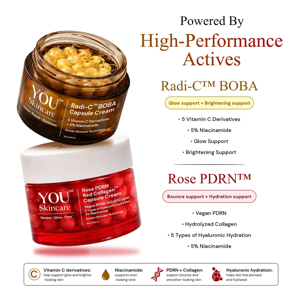 Two cosmetic cream jars from YOU Skincare on a white background with promotional text. The top jar is a brown Radi-C™ BOBA Capsule Cream jar showing yellow cream inside, and the bottom jar is a red Rose PDRN Capsule Cream jar with a white lid.