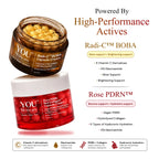Two cosmetic cream jars from YOU Skincare on a white background with promotional text. The top jar is a brown Radi-C™ BOBA Capsule Cream jar showing yellow cream inside, and the bottom jar is a red Rose PDRN Capsule Cream jar with a white lid.