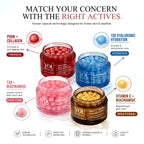 Four open cosmetic jars from YOU skincare arranged on a white background with explanatory callouts and text. The jars contain red, blue, pink, and yellow capsules, labeled for concerns like collagen, hydration, even tone, and brightening.