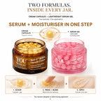 Promotional graphic for You Skincare showing two jar products: a brown Radii-C BOPA Capsule Cream jar and a pink GlowCaps Zia + Niacinamide Capsule Cream jar, with text explaining serum and moisturiser in one step and a small usage diagram at the bottom.