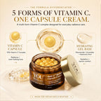 A cosmetic jar labeled YOU Skincare Radi-C B508 Capsule Cream shown open on a warm beige background, with callout graphics explaining vitamin C capsule and hydrating gel base ingredients.