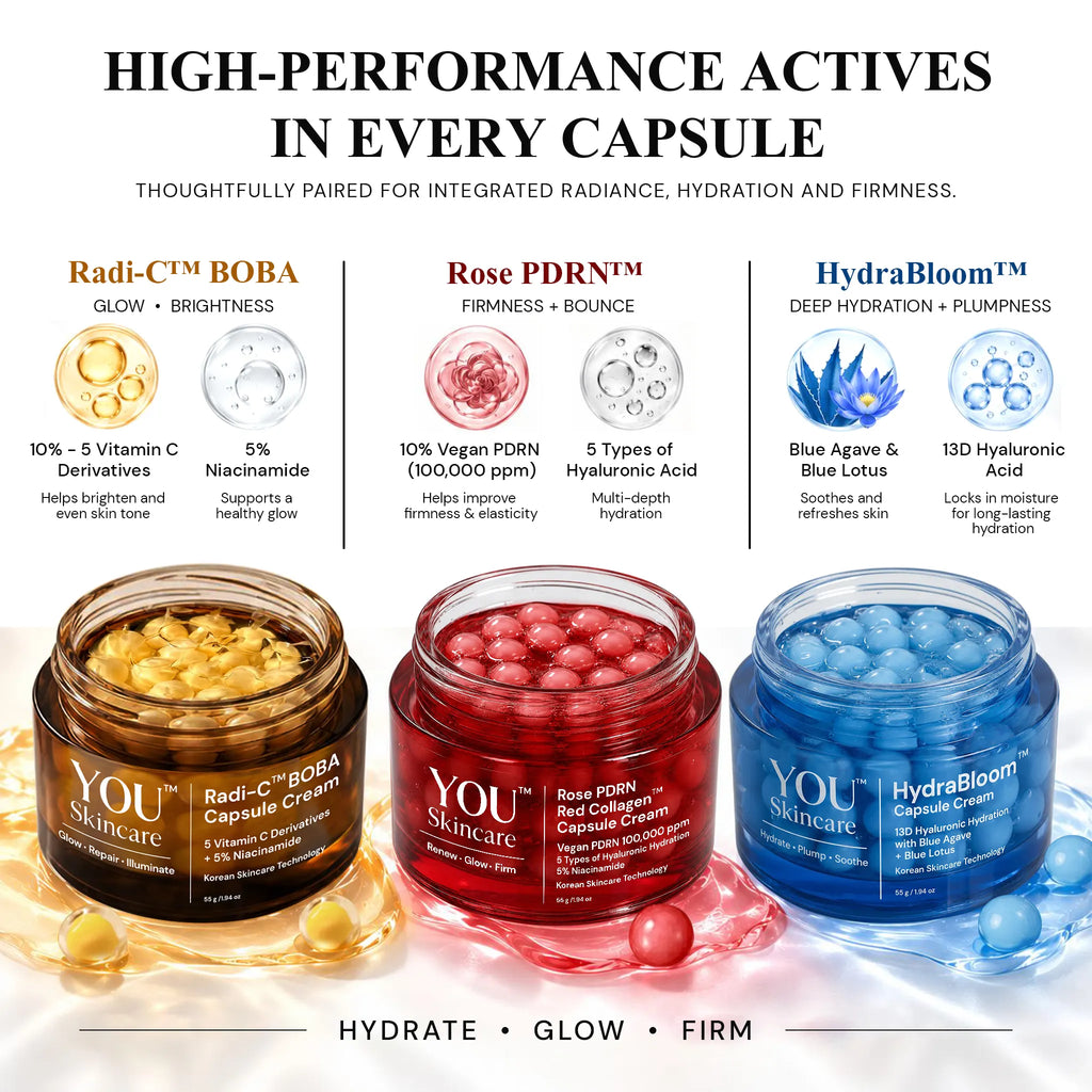 Three cosmetic capsules jars from YOU Skincare on a white background with promotional text. The jars are labeled Radi-C'TM BOBA in golden yellow, Rose PDRN™ in deep red, and HydraBloom™ in bright blue, with capsules and liquid elements shown around them.