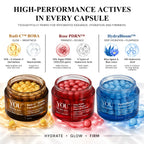 Three cosmetic capsules jars from YOU Skincare on a white background with promotional text. The jars are labeled Radi-C'TM BOBA in golden yellow, Rose PDRN™ in deep red, and HydraBloom™ in bright blue, with capsules and liquid elements shown around them.