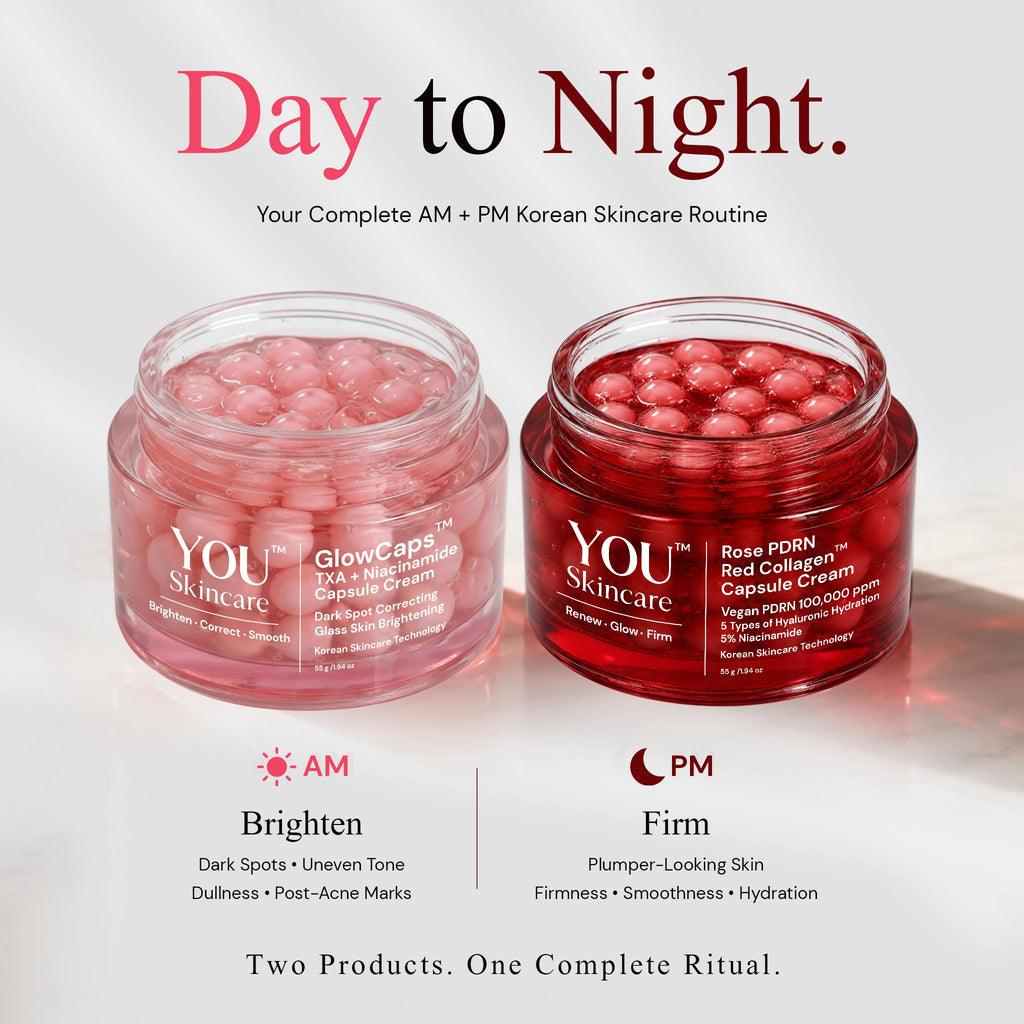 Two open cosmetic jars from YOU Skincare on a white background under the headline 'Day to Night.' The left jar is labeled GlowCaps Brightening Serum and is translucent pink; the right jar is labeled Rose Pdn Red Collagen Capsule Cream and is deep red.