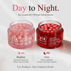 Two open cosmetic jars from YOU Skincare on a white background under the headline 'Day to Night.' The left jar is labeled GlowCaps Brightening Serum and is translucent pink; the right jar is labeled Rose Pdn Red Collagen Capsule Cream and is deep red.