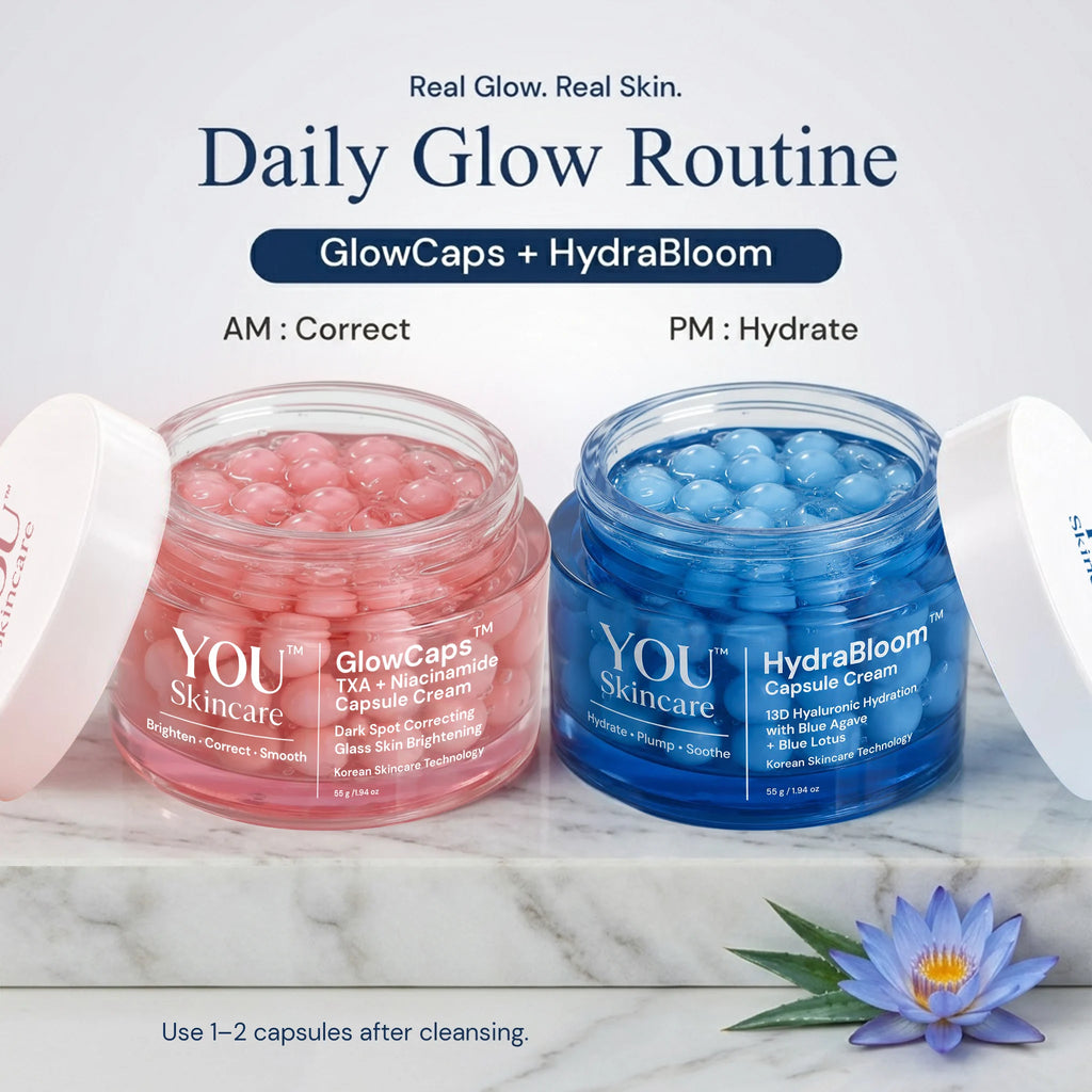 Two open cosmetic jars on a white marble surface: a pink jar labeled YOU Skincare GlowCaps and a blue jar labeled YOU Skincare HydraBloom. Text above reads 'Daily Glow Routine' and 'GlowCaps + HydraBloom,' with AM and PM usage guidance.