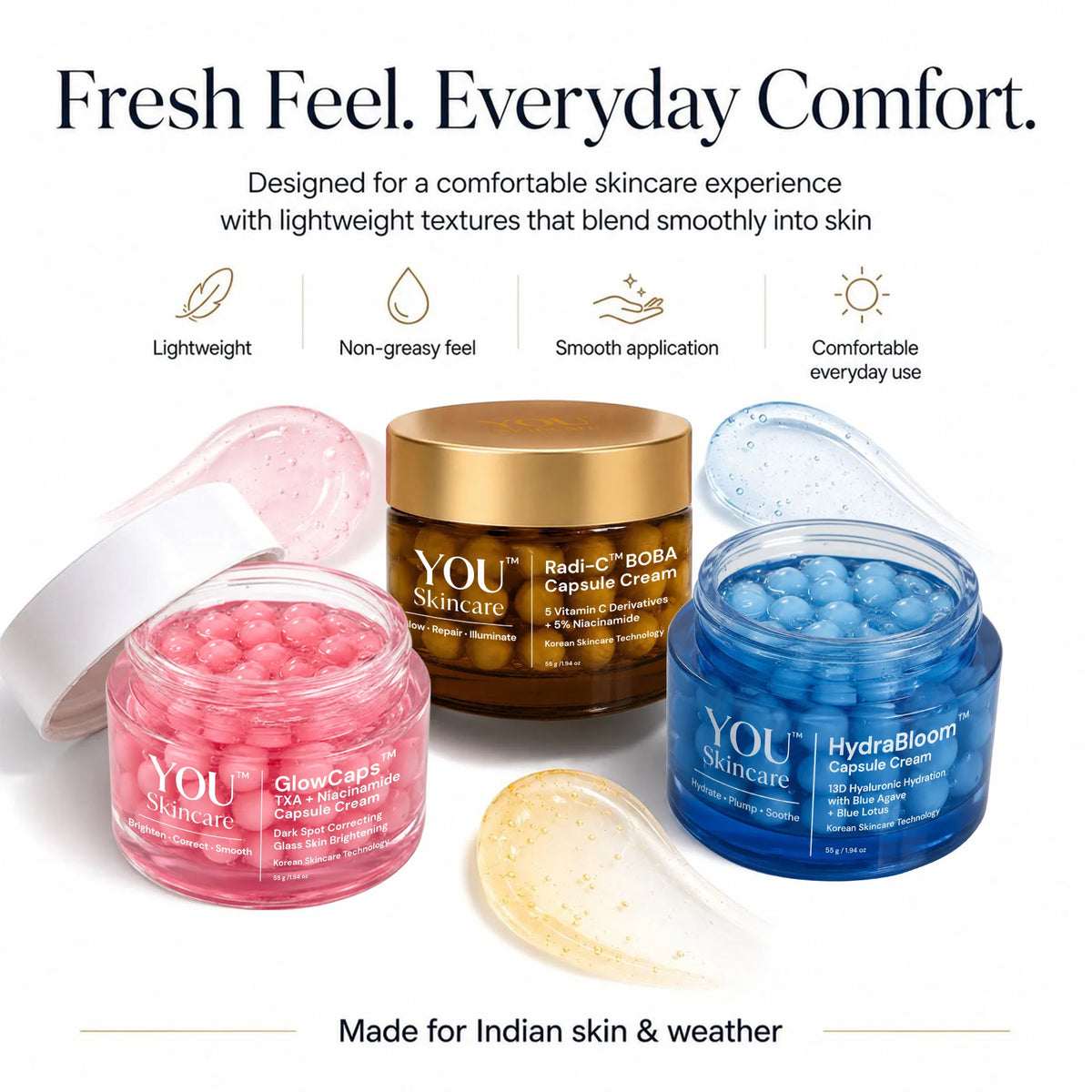 Three open and one closed cosmetic cream jars from YOU Skincare are arranged on a white background with marketing text above and below. The products include a pink GlowCare Capsule Cream jar, a gold-ribbon sealed Radii-C BOBA Cream jar, and a blue HydraBloom Cologne Cream jar, with a translucent gold spatula in front.