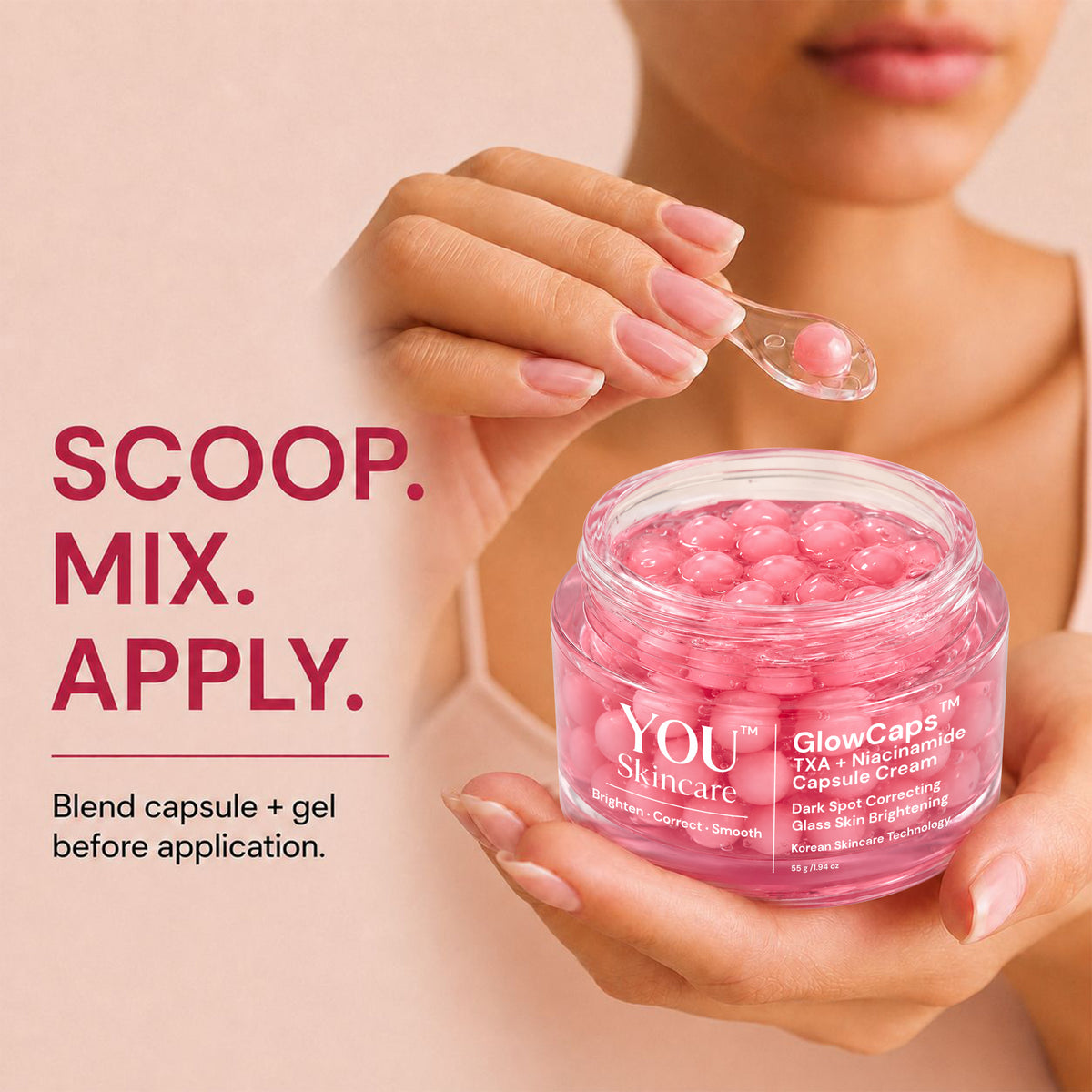 A close-up of a person holding an open jar of pink glow capsules and gel cream, with a small spoon holding one capsule above the jar. Text on the left reads 'SCOOP.