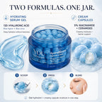 A skincare jar labeled YOU Skincare HydraBloom Capsule Cream with blue gel capsules visible inside, shown on a light gray promotional graphic with text about hydrating serum gel and cream capsules, plus three-step application instructions.