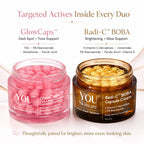 Two skincare jars from YOU Skincare on a light beige background with promotional text. The left jar is translucent pink with pink glowcaps inside, labeled GlowCaps.