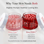 Two open cosmetic capsules jars on a light gray background with promotional text above and below. The left jar is labeled 'GlowCaps' and contains pink capsules, while the right jar is labeled 'Rose PDRN' and contains deep red capsules.