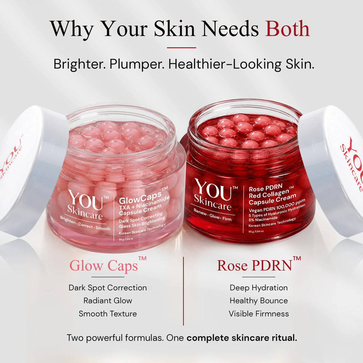 Two open cosmetic capsules jars on a light gray background with promotional text above and below. The left jar is labeled 'GlowCaps' and contains pink capsules, while the right jar is labeled 'Rose PDRN' and contains deep red capsules.