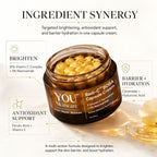 A jar of YOU Skincare Radi-C BOBA Capsule Cream is centered on a light cream background with callout boxes describing key benefits: brightening, barrier and hydration, antioxidant support, and overall ingredient synergy. The product is a translucent amber glass jar with a dark label and visible yellow-gold capsules inside.