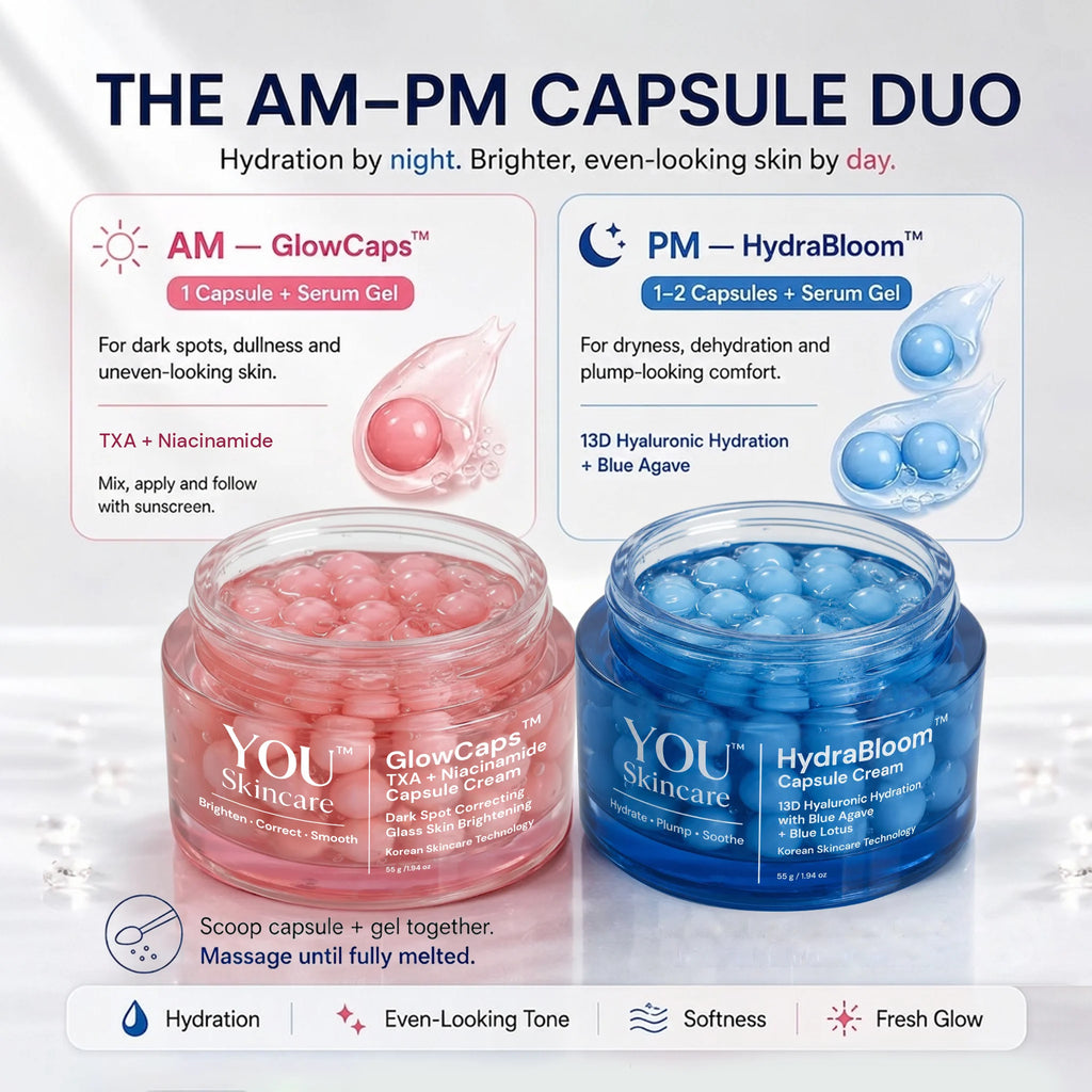 A promotional graphic for the YOU Skincare AM-PM Capsule Duo, showing two jars of serum cream: a pink AM GlowCaps jar on the left and a blue PM HydraBloom jar on the right, with text explaining how to use the capsules and benefits.