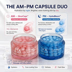 A promotional graphic for the YOU Skincare AM-PM Capsule Duo, showing two jars of serum cream: a pink AM GlowCaps jar on the left and a blue PM HydraBloom jar on the right, with text explaining how to use the capsules and benefits.