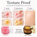Beauty ad graphic for YOU X-LIGHT Radi-C BOBA and GlowCaps texture proof serum gel. The top text reads 'Texture Proof' with three instructional panels showing how to scoop, press and blend, and apply the gel.