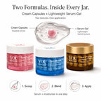 Three cosmetic jars from YOU Skincare are shown on a white background with explanatory text and icons. The products are: GlowCaps pink cream capsule cream, HydraBloom blue cream capsule cream, and Radi-C B08A gold cream capsule cream.
