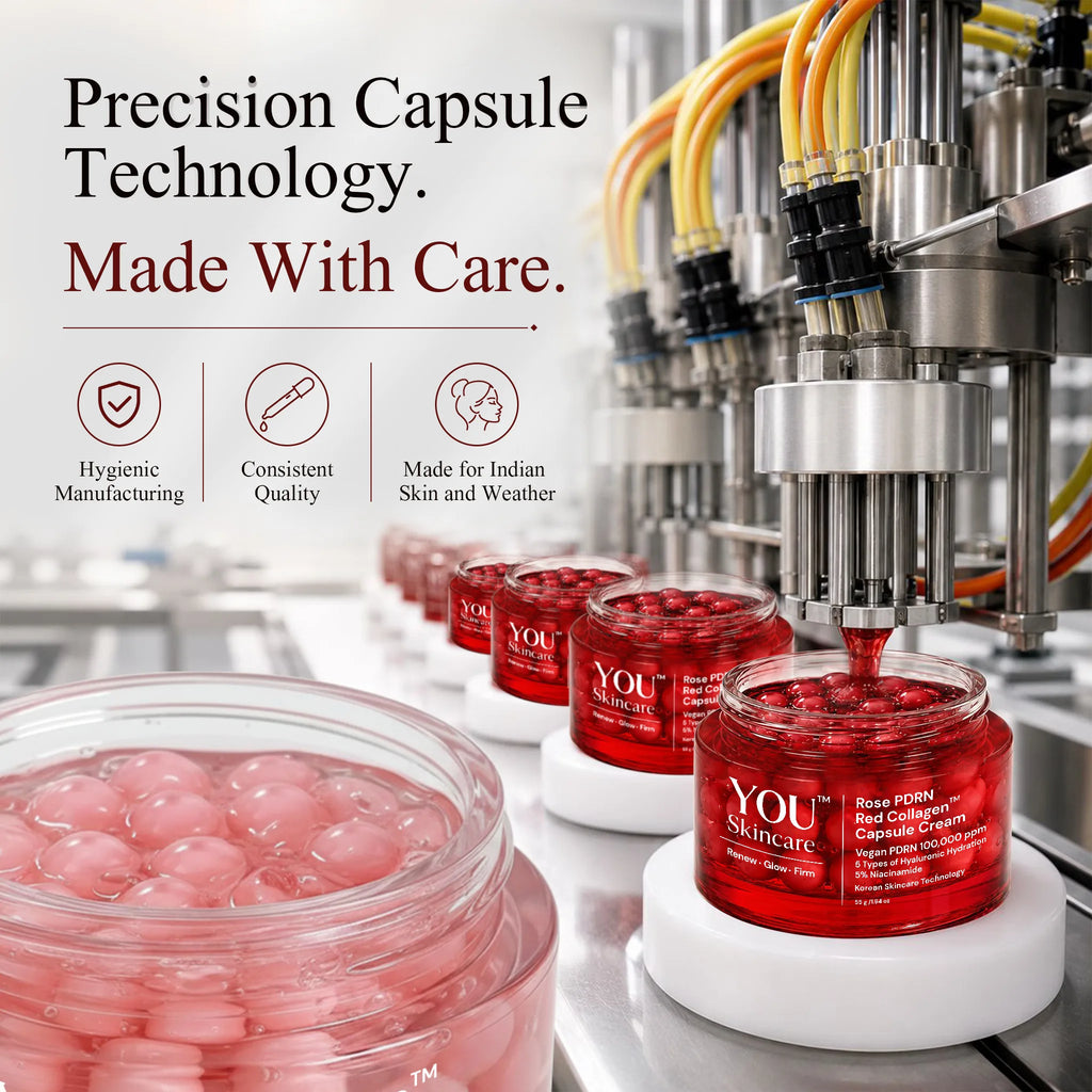 A close-up of a skincare jar filled with pink capsules on a production line, with more jars and a robotic filling mechanism in the background. Text on the left reads 'Precision Capsule Technology.