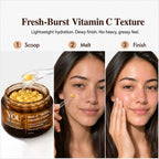 A skincare product infographic for YOU Skincare Fresh-Burst Vitamin C Texture. The left panel shows an open amber jar with a clear scoop lifting a yellow gel from the cream.