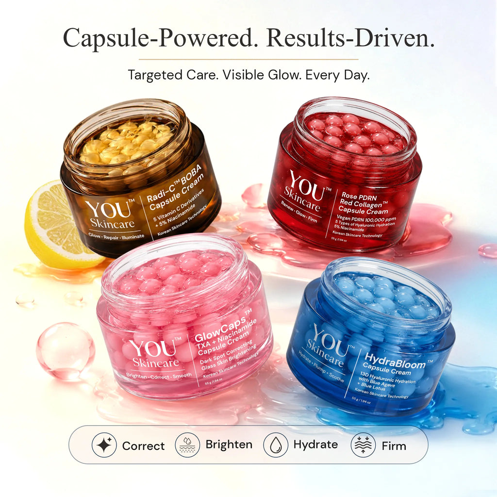 Four open cosmetic capsules from YOU Skincare arranged on a white background with decorative liquid splashes and a lemon slice. The jars are labeled Radiant-Cera Cream, Rose-Folin Cream, Glow-Corpse Cream, and HydraBloom Cream, with text above reading 'Capsule-Powered.