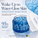 A skincare advertisement for YOU Skincare HydraBloom Capsule Cream, showing an open jar of blue hydrating serum gel with suspended capsules and a white lid beside it. Large text reads 'Wake Up to Water-Glow Skin' and '95% saw instant hydration'.