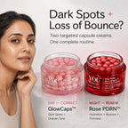 A promotional skincare ad showing a woman beside two open cosmetic jars filled with pink/red capsules. Text reads: 'Dark Spots + Loss of Bounce?' and names YOU Skincare GlowCaps and Rose PDRN capsules for day and night use.