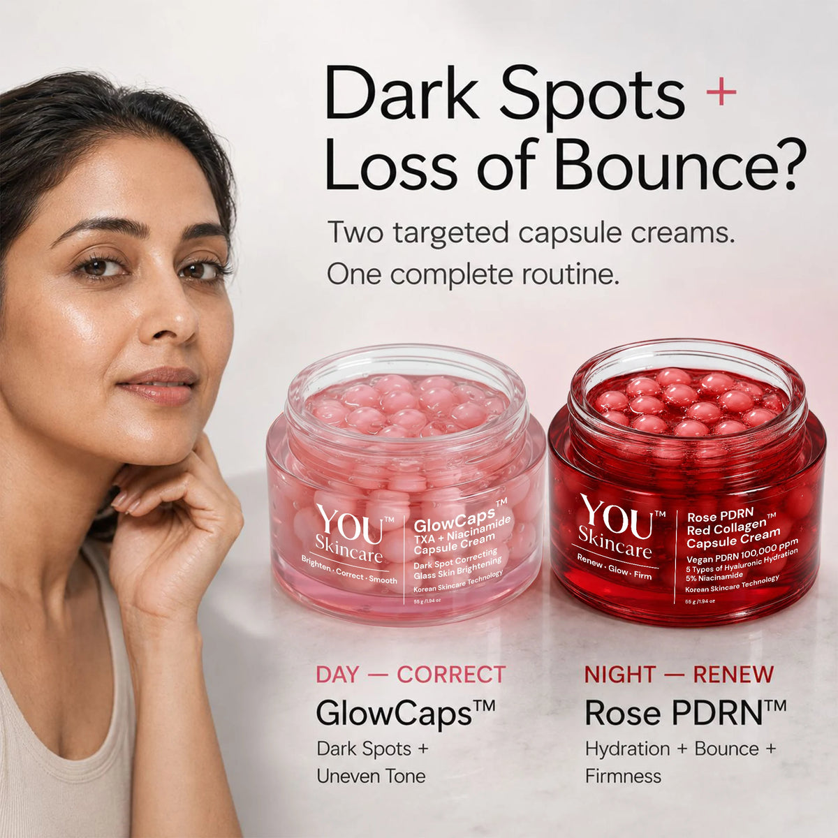 A promotional skincare ad showing a woman beside two open cosmetic jars filled with pink/red capsules. Text reads: 'Dark Spots + Loss of Bounce?' and names YOU Skincare GlowCaps and Rose PDRN capsules for day and night use.