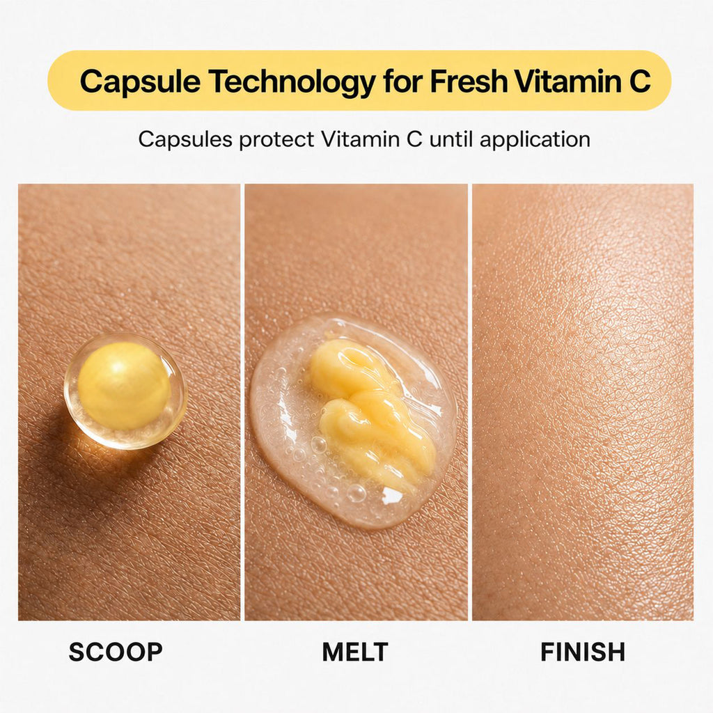 Three-panel demonstration of a vitamin C skincare product showing the 'Scoop', 'Melt', and 'Finish' states of the formula on skin. The first panel shows a single yellow capsule containing a yellow cream, labeled 'SCOOP'.