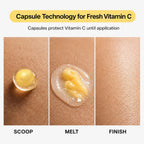 Three-panel demonstration of a vitamin C skincare product showing the 'Scoop', 'Melt', and 'Finish' states of the formula on skin. The first panel shows a single yellow capsule containing a yellow cream, labeled 'SCOOP'.