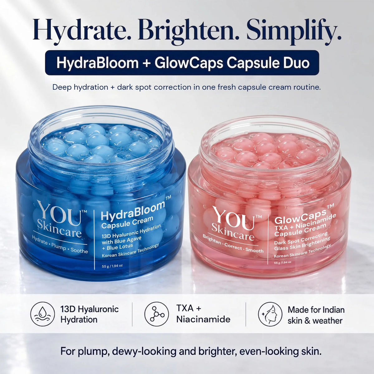 Two open cosmetic jars on a white background: a blue jar labeled YOU Skincare HydraBloom Capsule Cream and a pink jar labeled YOU Skincare GlowCaps Capsule Cream, with marketing text above and below.