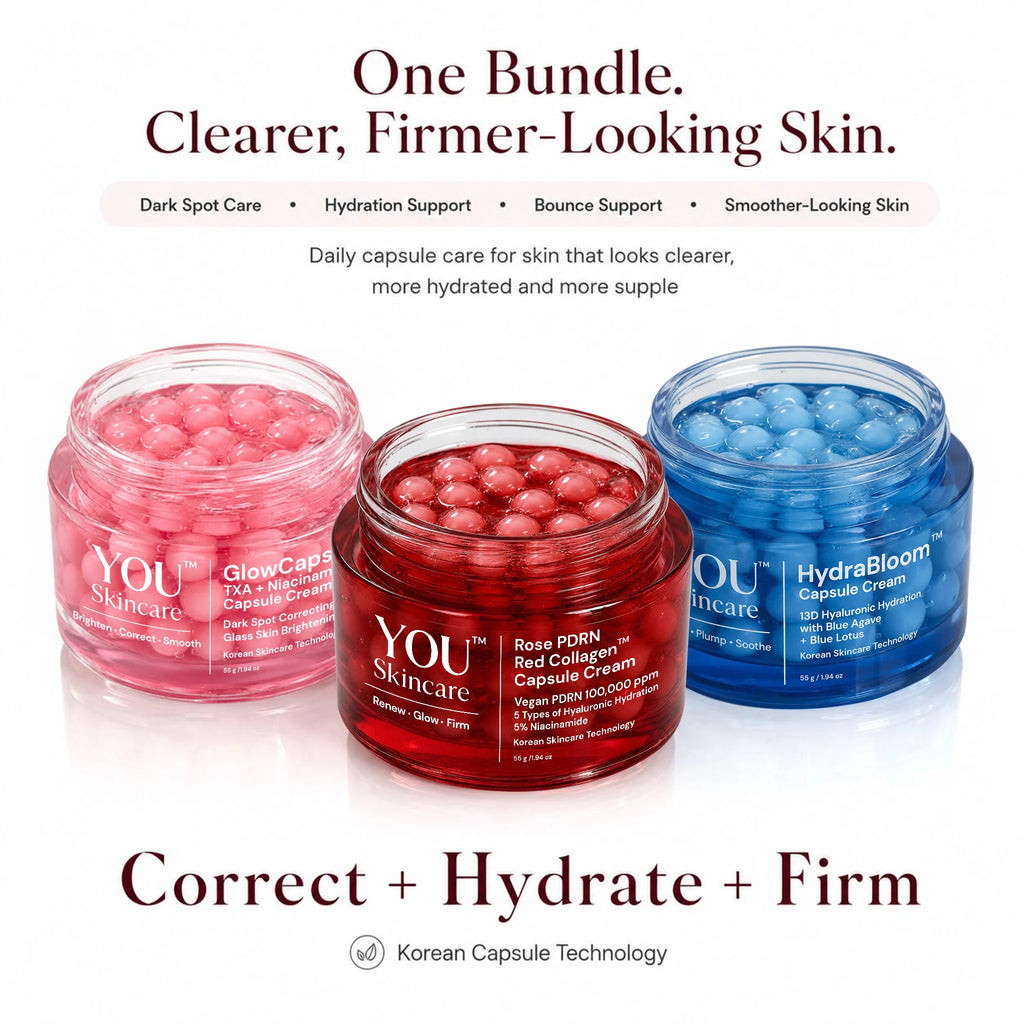 Three open cosmetic capsule jars from YOU Skincare on a white background: GlowCam Pink, Rose Pimp Red, and HydraBloom Blue, with marketing text above and below.