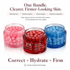 Three open cosmetic capsule jars from YOU Skincare on a white background: GlowCam Pink, Rose Pimp Red, and HydraBloom Blue, with marketing text above and below.