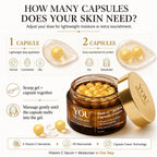 An infographic-style product graphic for YOU Skincare Radi-C BOPA Cream, showing a gold jar with a gold lid and visible yellow capsules inside, surrounded by explanatory text about capsule dosage and application. The layout includes icons and callouts for normal, combination, oily, dry, and dehydrated skin types.