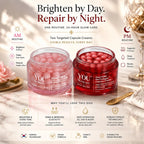 Two open cosmetic jars of YOU Skincare capsules, one pink and one deep red, displayed on a marble surface with decorative flowers and a spoon. The image includes promotional text detailing AM and PM routine benefits and product features.