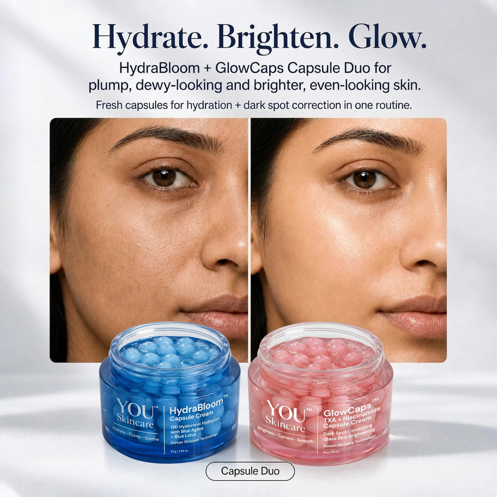 HydraBloom + GlowCaps Capsule Duo skincare set by YOU Skincare, featuring two clear jars with blue and pink capsules on a white background, with before-and-after skin close-ups above.