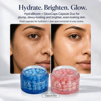 HydraBloom + GlowCaps Capsule Duo skincare set by YOU Skincare, featuring two clear jars with blue and pink capsules on a white background, with before-and-after skin close-ups above.