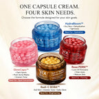 Four cosmetic cream jars from YOU Skincare arranged in a square on a cream-colored background, each with a different colored capsule cream visible through the jar: pink, blue, red, and gold. Text labels identify the products and their benefits: GlowCaps, HydraBloom Cream, Radi-C BOBA Cream, and Rose PDRN Cream.