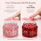 A split-screen skincare routine graphic showing two clear jars of YOU Skincare capsules: a pink Morning GlowCaps jar on the left and a deep red Night Rose PDRN jar on the right. Two hands are shown touching pink gel above each jar.