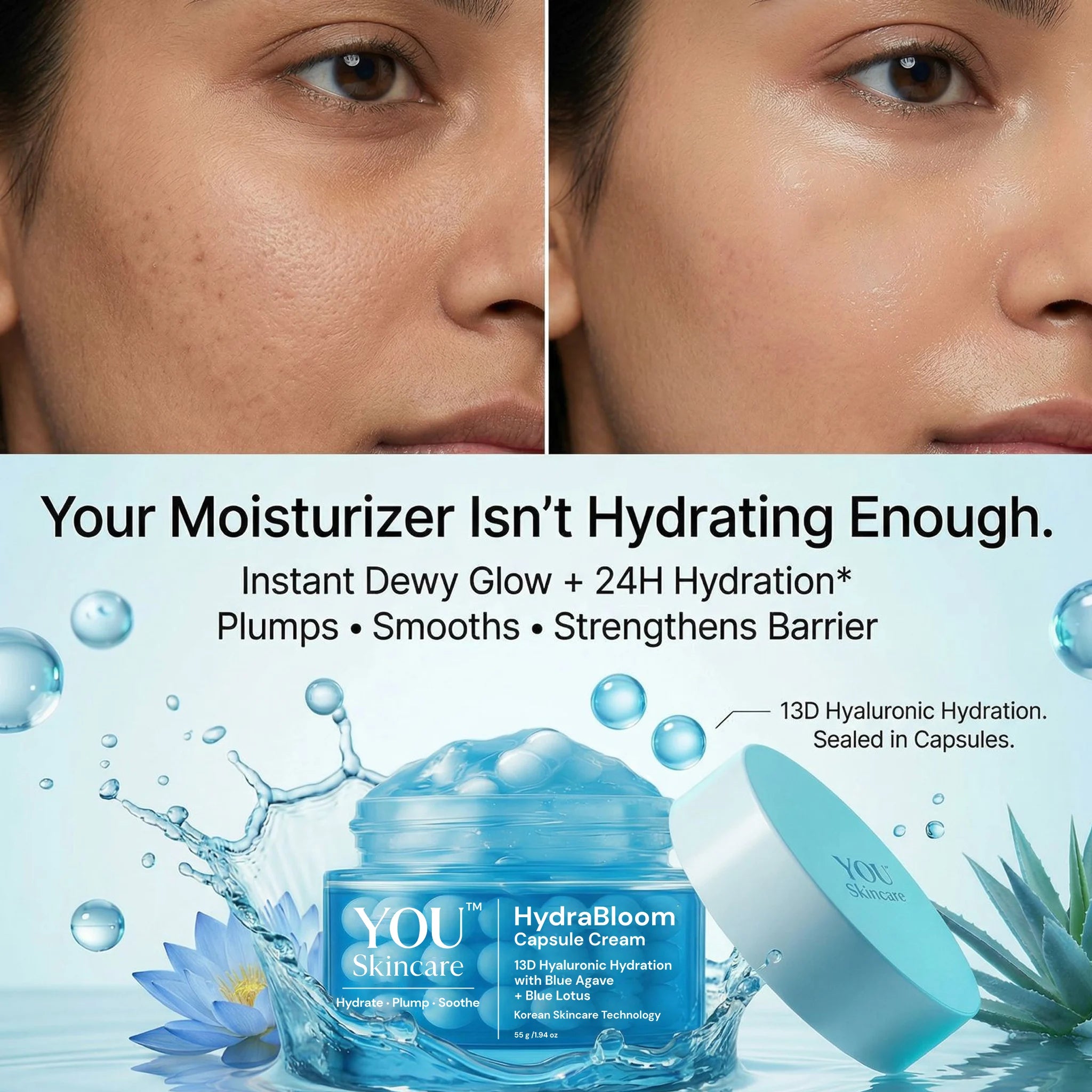 Advertisement for YOU Skincare HydraBloom Capsule Cream showing before and after effects on skin.