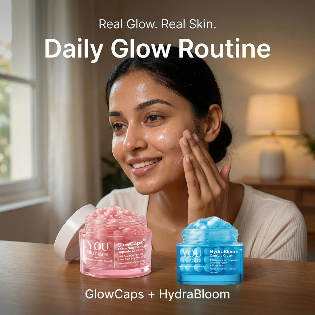 Woman applying skincare products with 'Real Glow. Real Skin.' text and 'Daily Glow Routine' branding.