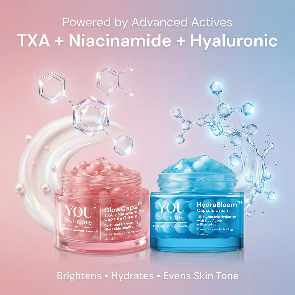 Two skincare cream jars, one pink and one blue, with 'YOU Skincare' branding on a gradient background.