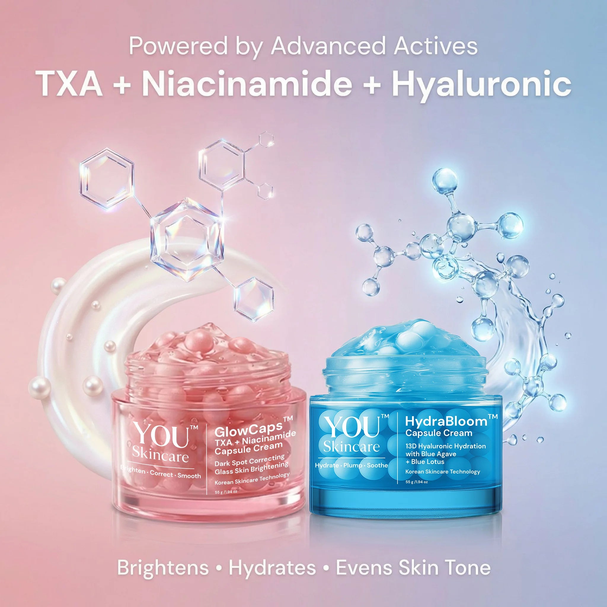 Two skincare cream jars, one pink and one blue, with 'YOU Skincare' branding on a gradient background.