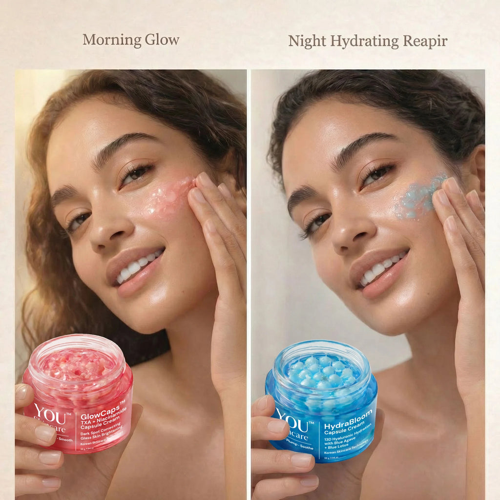 Two women applying skincare products with 'GlowCafe' and 'HydraBloom' jars.