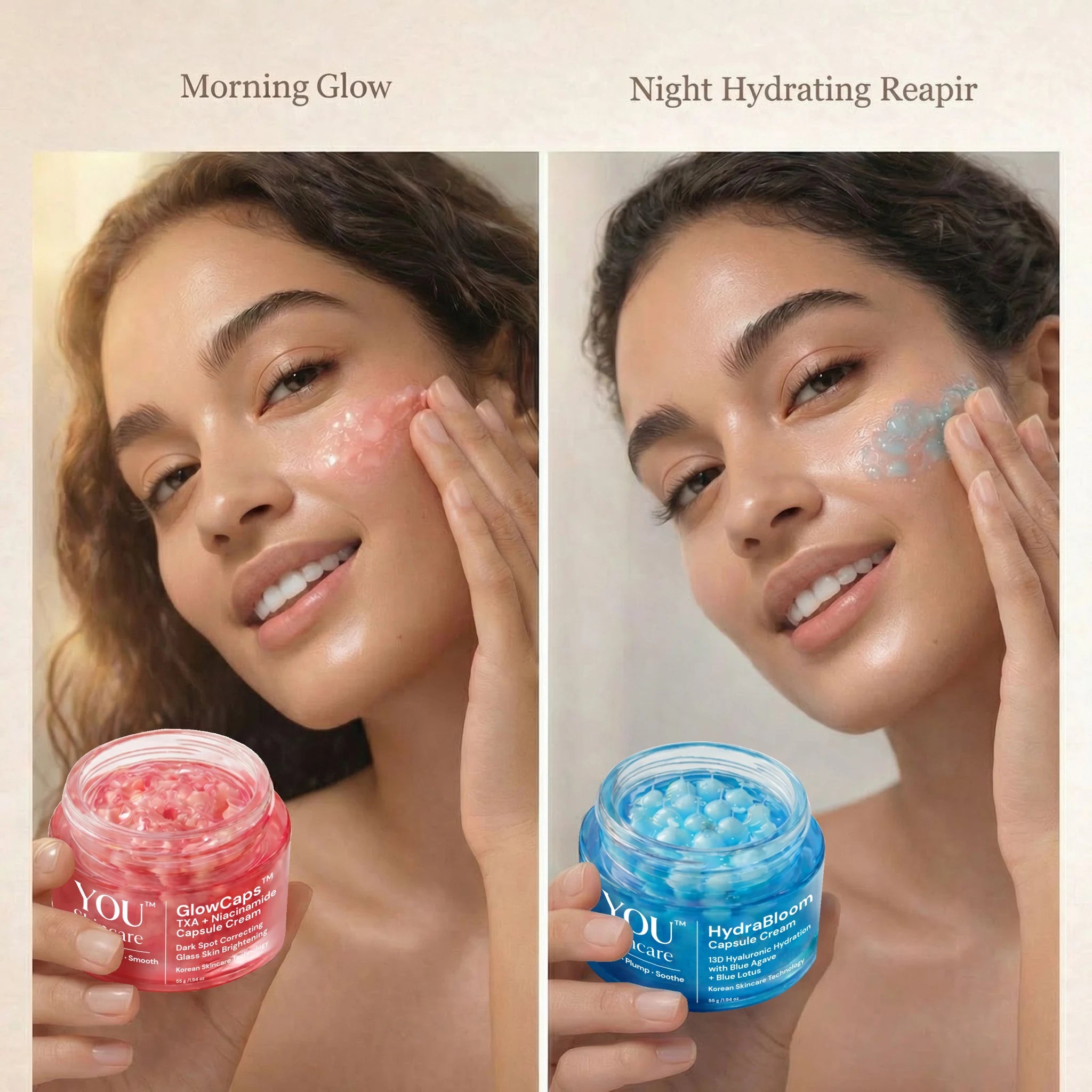 Two women applying skincare products with 'GlowCafe' and 'HydraBloom' jars.