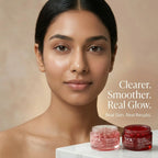Woman with clear skin holding skincare jars with text 'Clearer. Smoother. Real Glow.'