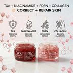 Two skincare jars with ingredients and benefits displayed on a white background