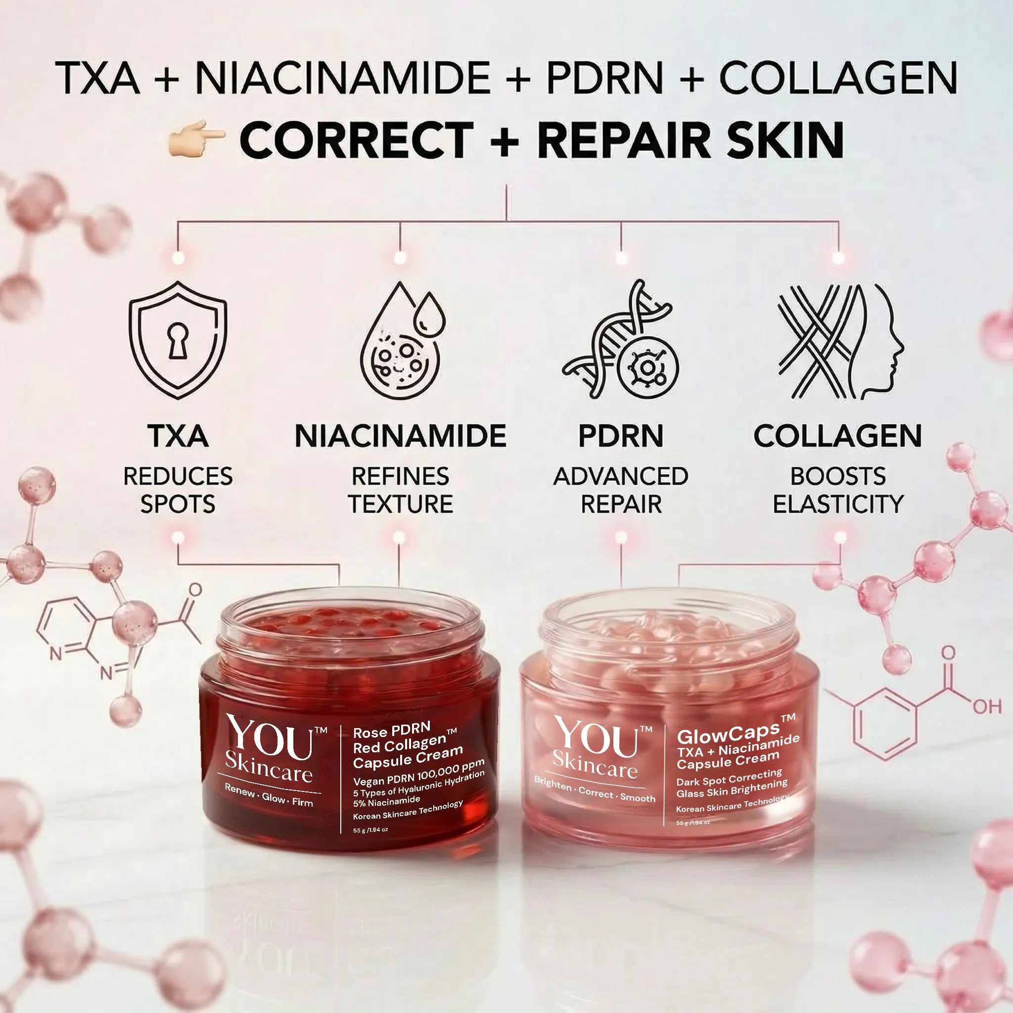 Two skincare jars with ingredients and benefits displayed on a white background