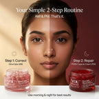 Advertisement for YOU Skincare with a woman's face split between before and after use, showing the skincare routine.
