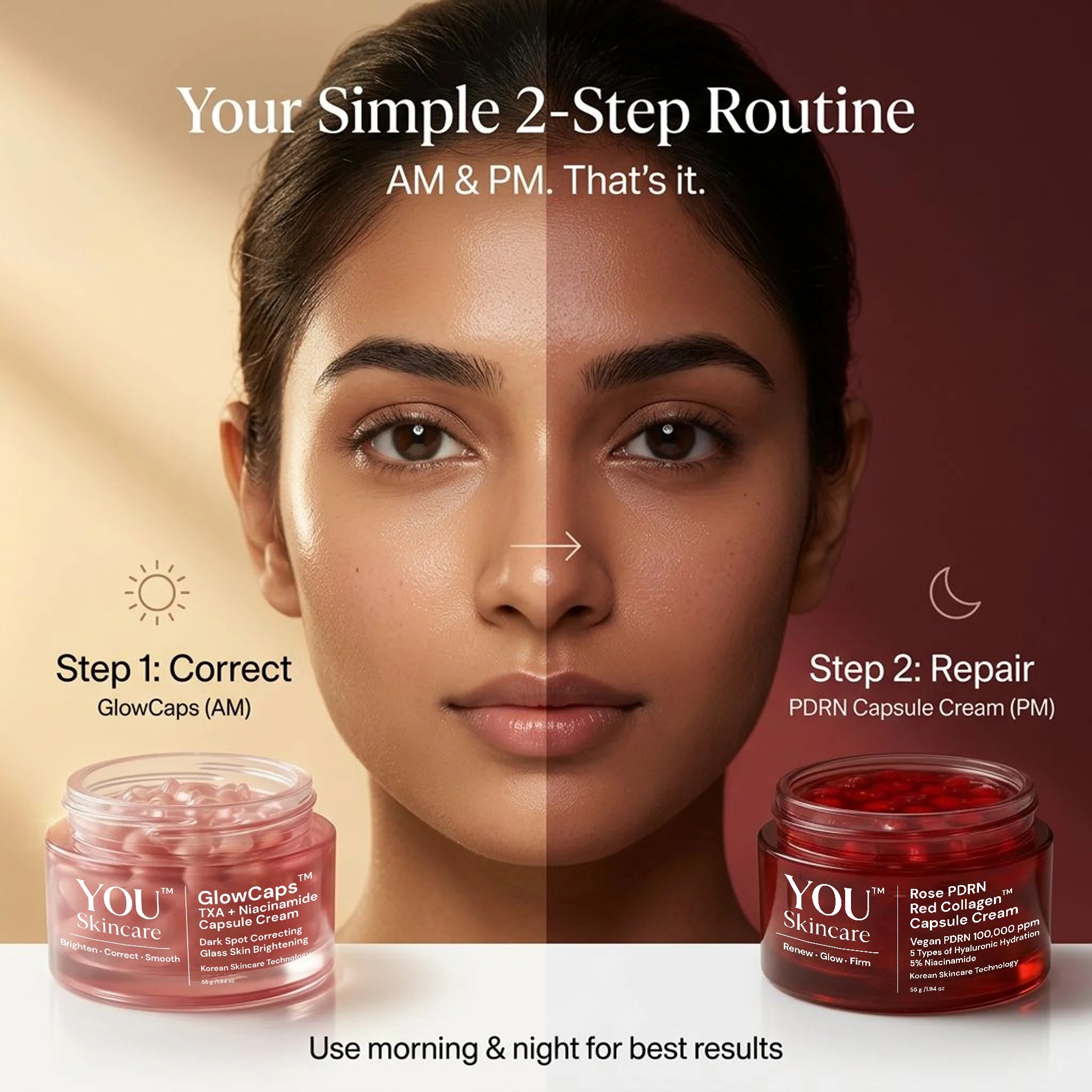 Advertisement for YOU Skincare with a woman's face split between before and after use, showing the skincare routine.
