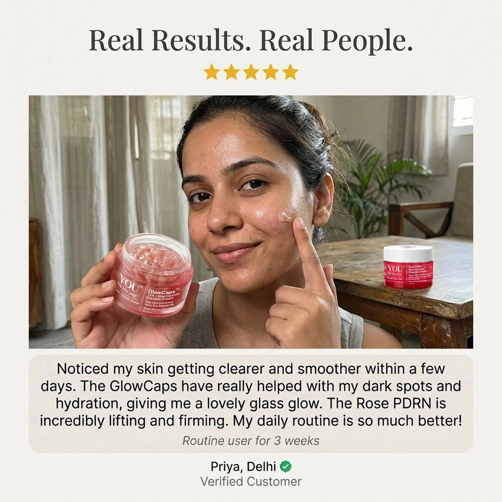 Woman applying skincare product with text about product benefits and customer review.
